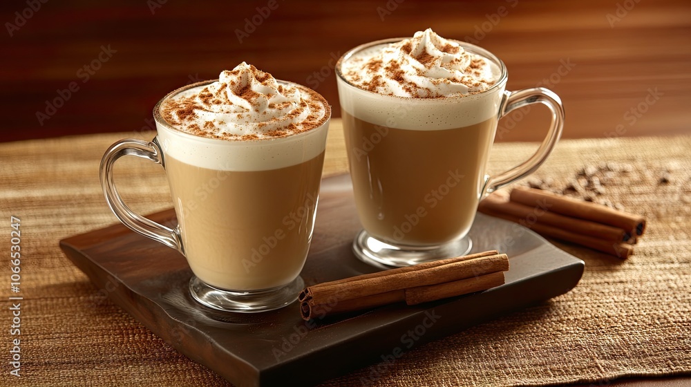 Delicious spiced coffee latte with a hint of cinnamon stick, artfully arranged to create an inviting scene. Spiced coffee latte offers a warm, comforting experience with ample copy space. Delicious spiced coffee latte with a hint of cinnamon stick, artfully arranged to create an inviting scene. Spiced coffee latte offers a warm, comforting experience with ample copy space.