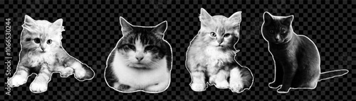 Trendy collage set with funny cats. Retro dots halftone effect.