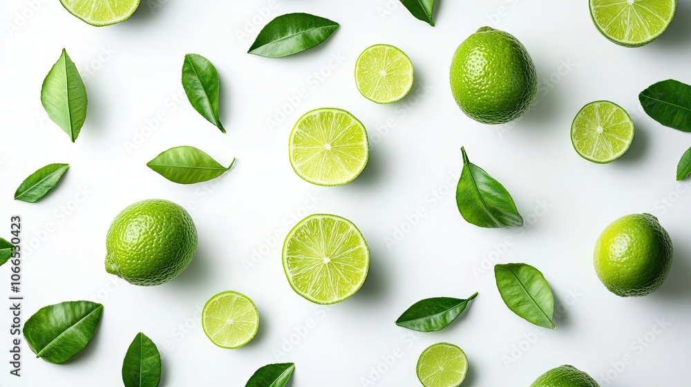 Fresh whole and cut limes are presented against a white background, creating a vibrant display of limes that enhances any design with ample copy space. Fresh whole and cut limes are presented against a white background, creating a vibrant display of limes that enhances any design with ample copy space.
