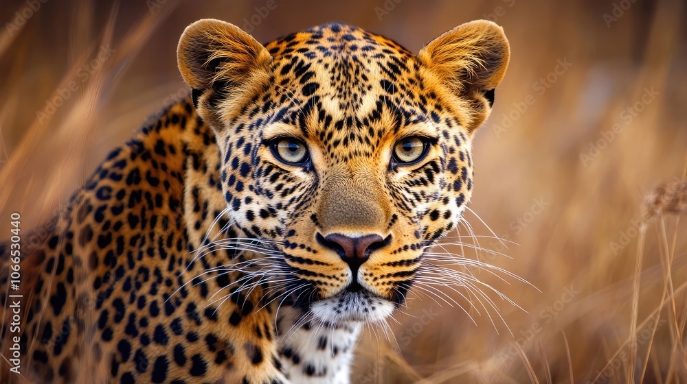 Obraz premium Close-up portrait of a leopard, a wild animal inhabiting the Savannah grassland, capturing the essence of wildlife in nature. Ideal for showcasing the beauty of leopards.