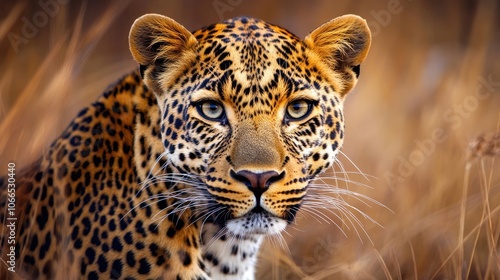 Close-up portrait of a leopard, a wild animal inhabiting the Savannah grassland, capturing the essence of wildlife in nature. Ideal for showcasing the beauty of leopards.