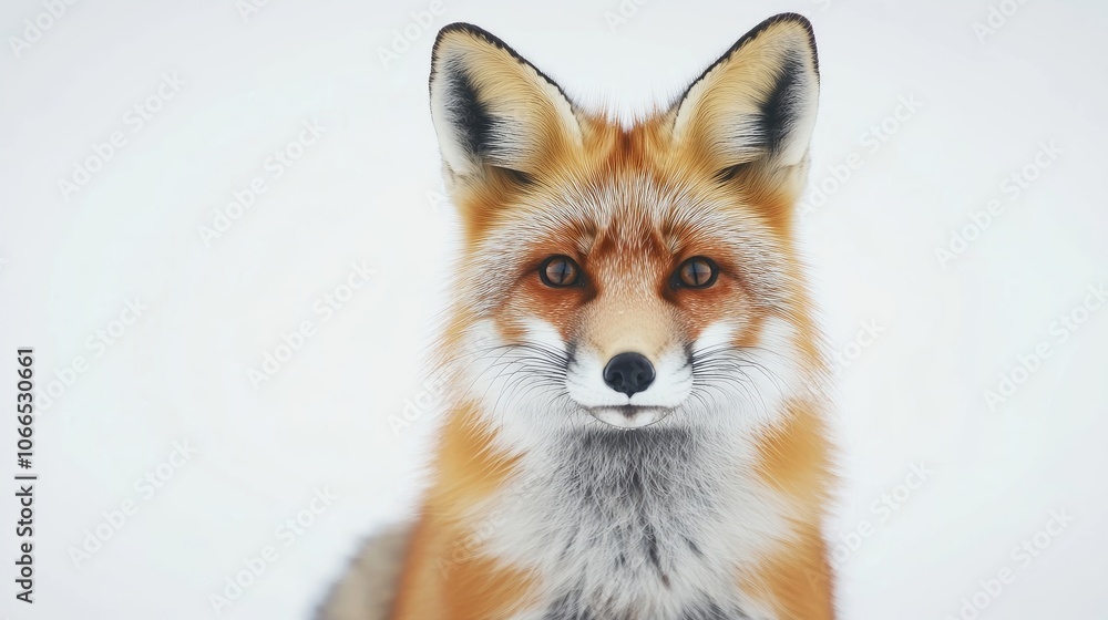 Fototapeta premium Red fox captured on a white background, highlighting the young red foxs vibrant fur and curious expression, making it an ideal image for various creative projects with ample copy space.
