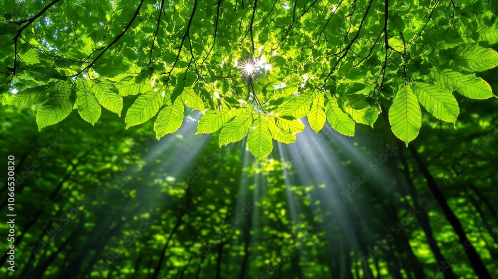 Fototapeta premium Sunlight Through Green Leaves in Summer Forest Canopy