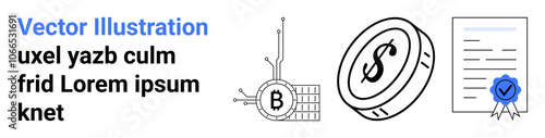 Cryptocurrency icon, dollar coin, certified document with blue seal. Ideal for financial services, investment guides, blockchain technology, digital payments, economic reports, online banking