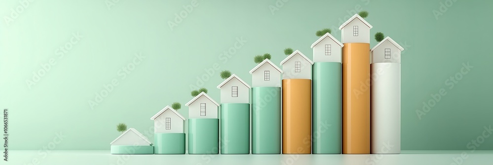Minimalistic 3D Bar Graph Illustrating Real Estate Investment Growth with House Symbols on Top Minimalistic 3D Bar Graph Illustrating Real Estate Investment Growth with House Symbols on Top