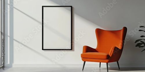 A classic poster frame paired with an orange armchair stands out against a simple gray backdrop, showcasing a mockup of home interior elements in Scandinavian style for modern living rooms.