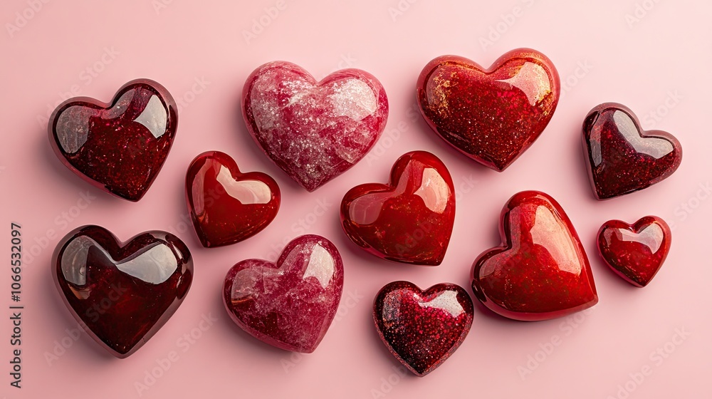 Polished red heart stones of various sizes arranged artfully on a soft pink background, creating a visually striking composition with ample copy space for text. Polished red heart stones of various sizes arranged artfully on a soft pink background, creating a visually striking composition with ample copy space for text.