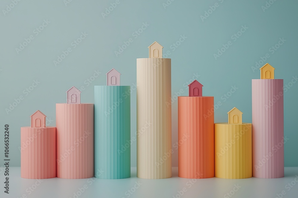 Minimalistic 3D Bar Graph Illustrating Real Estate Investment Growth with House Symbols on Top Minimalistic 3D Bar Graph Illustrating Real Estate Investment Growth with House Symbols on Top