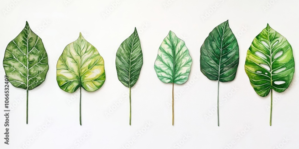 Obraz premium A white backdrop showcases ten beautifully detailed watercolor green leaves, each intricately designed and standing out against the clean background of white.