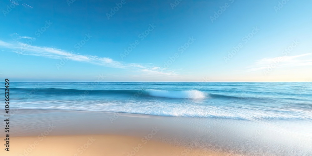 Fototapeta premium A peaceful beach scene features gentle sand and serene waves under a clear, bright blue sky, creating a tranquil coastal ambiance.