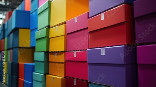 Colorful boxes neatly stacked in an organized warehouse, ready for distribution and transport photo