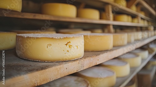 Aged homemade cheese rests on a shelf within a dairy facility. This aged cheese, including cheddar, undergoes ripening in a controlled cave-like environment. Photo offers ample copy space. photo