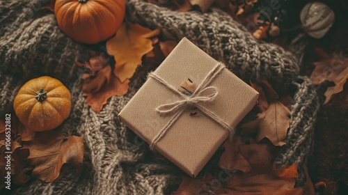 Fototapeta Naklejka Na Ścianę i Meble -  Autumn gift box arranged in a cozy fall mockup scene. This gifting tableau captures the essence of autumn with a flat lay composition, offering ample copy space for your text.