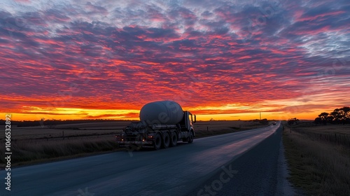 A cement truck drives on a paved road through a field under a vibrant orange and red sunset sky. photo