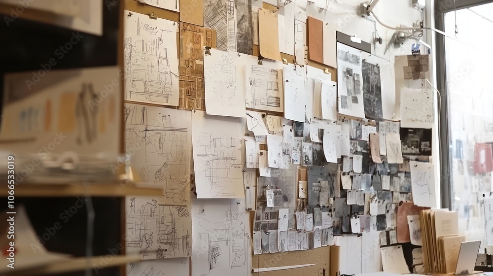 a wall or board in the background filled with sketches, color swatches, and reference images that inspire the project. a wall or board in the background filled with sketches, color swatches, and reference images that inspire the project.