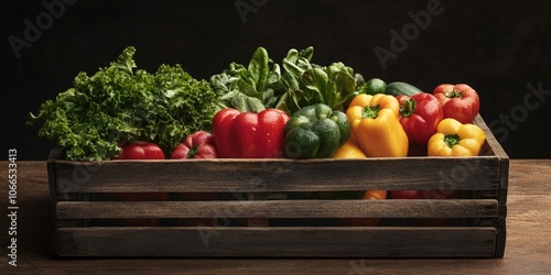 Newly harvested organic vegetables presented in a wooden crate. These fresh, organic vegetables are carefully arranged inside the wooden crate for an appealing display. photo