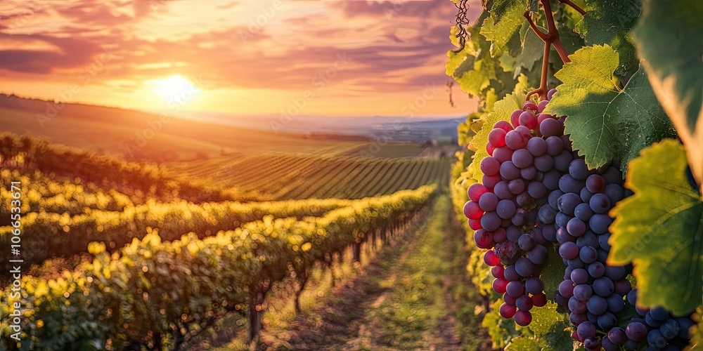 Naklejka premium A breathtaking sunset casts its glow over lively vineyards, enhancing the beauty and charm of the landscape filled with colorful grapevines.