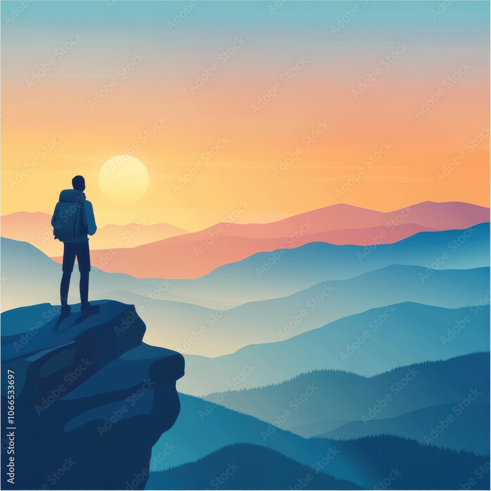 A lone traveler standing on a cliff overlooking a valley of rolling hills and distant mountains at sunrise, A lone traveler standing on a cliff overlooking a valley of rolling hills and distant mountains at sunrise,