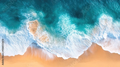 Aerial view captures waves breaking on the ocean beach, creating a stunning scene. The dynamic waves on the ocean beach offer a mesmerizing perspective and ample copy space.