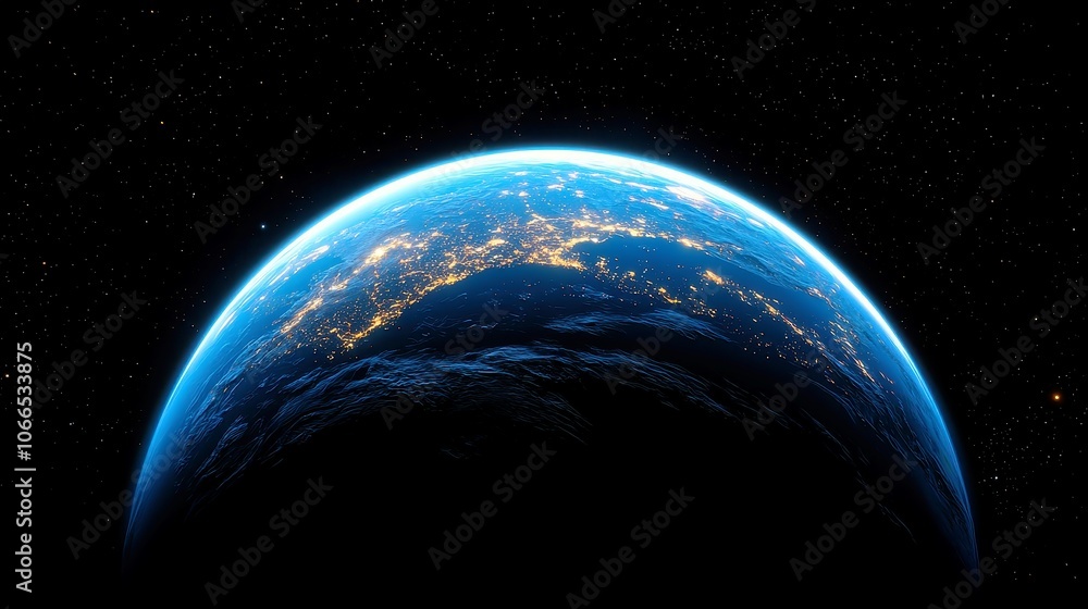 Vibrant Earth in Space, A dynamic view of our planet showcasing day and night transitions, city lights twinkling, surrounded by a cosmic backdrop of stars and nebulae. Vibrant Earth in Space, A dynamic view of our planet showcasing day and night transitions, city lights twinkling, surrounded by a cosmic backdrop of stars and nebulae.