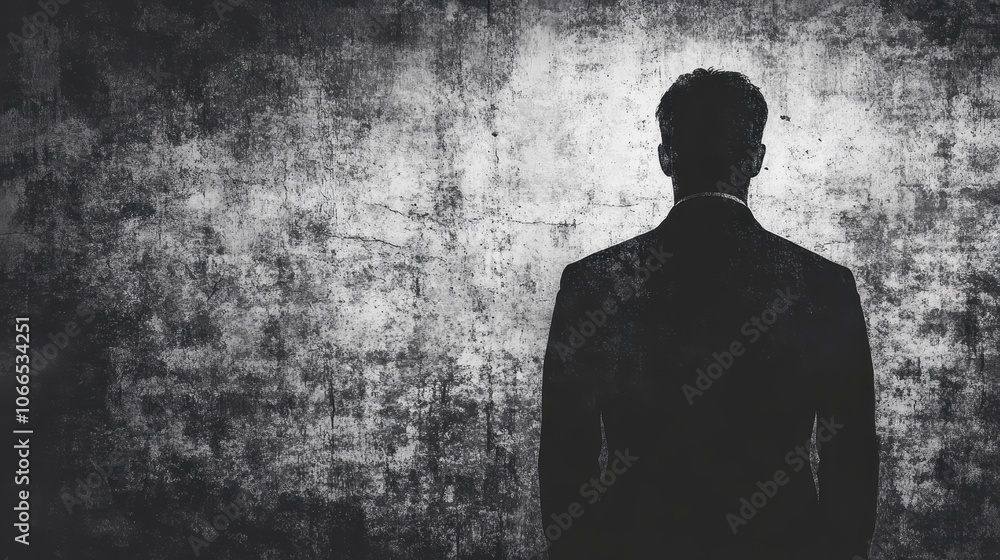 Mysterious Silhouette of a Man in a Suit Against a Grungy Textured Wall Background in Black and White Mysterious Silhouette of a Man in a Suit Against a Grungy Textured Wall Background in Black and White