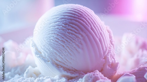 Delicious white ice cream scoop captured in a close-up with a blurred background, highlighting the creamy texture of healthy homemade ice cream, ideal for enhancing any design. photo