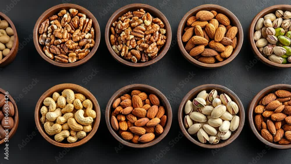 Nine bowls of various nuts are arranged on a black surface Nine bowls of various nuts are arranged on a black surface