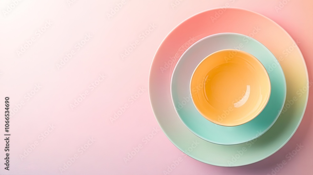 Pastels arranged in a bowl create a vibrant display. An empty plate and bowl complement the pastel colors against a light background, offering ample photo style copy space from above. Pastels arranged in a bowl create a vibrant display. An empty plate and bowl complement the pastel colors against a light background, offering ample photo style copy space from above.
