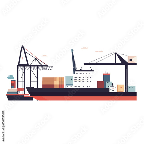 Cargo ship with containers and cranes. Freight transportation. Flat style vector illustration. 