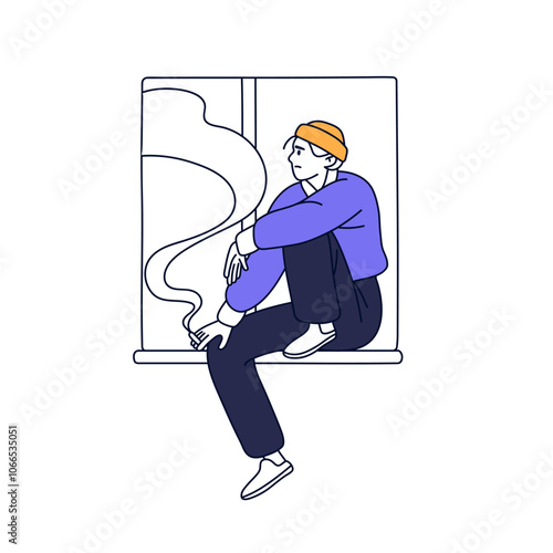 Sad man sits on window sill and smoking. Depressed person with cigarette. Unhappy exhausted character in stress. Concept of loneliness, life crisis. Flat isolated outline vector illustration on white
