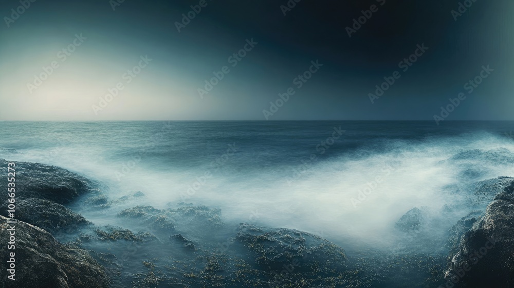 Obraz premium Abstract panorama of a surreal seascape captured with a long exposure technique to enhance the night seascape theme, offering a dreamlike quality and ample copy space.