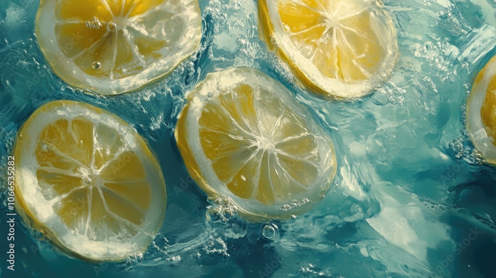 Close-up image capturing lemon slices elegantly floating in water, creating a refreshing and vibrant scene. The lemon slices add a burst of color, perfect for a summer feel. Close-up image capturing lemon slices elegantly floating in water, creating a refreshing and vibrant scene. The lemon slices add a burst of color, perfect for a summer feel.