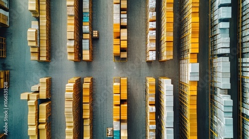 Aerial view of a large distribution center, shelves in rows, orderly logistics management photo