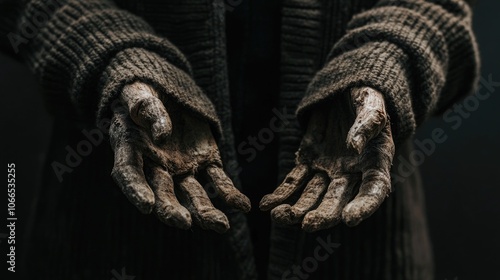 Portrait of severed hands adorned in a sweater, capturing the intricate details and textures. This striking image of severed hands offers ample copy space for creative use.