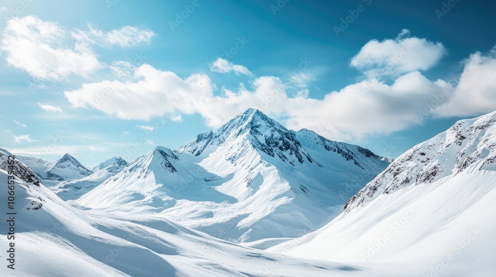 Obraz premium High snow-covered mountains create a stark and icy landscape that captures the essence of extreme cold. This mountainscape invites contemplation in its serene beauty and offers ample copy space.