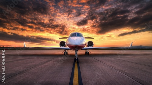 Red and white plane on the runway during sunset, exemplifying business travel concepts. The image highlights the beauty of aviation and the essence of business travel with ample copy space. photo