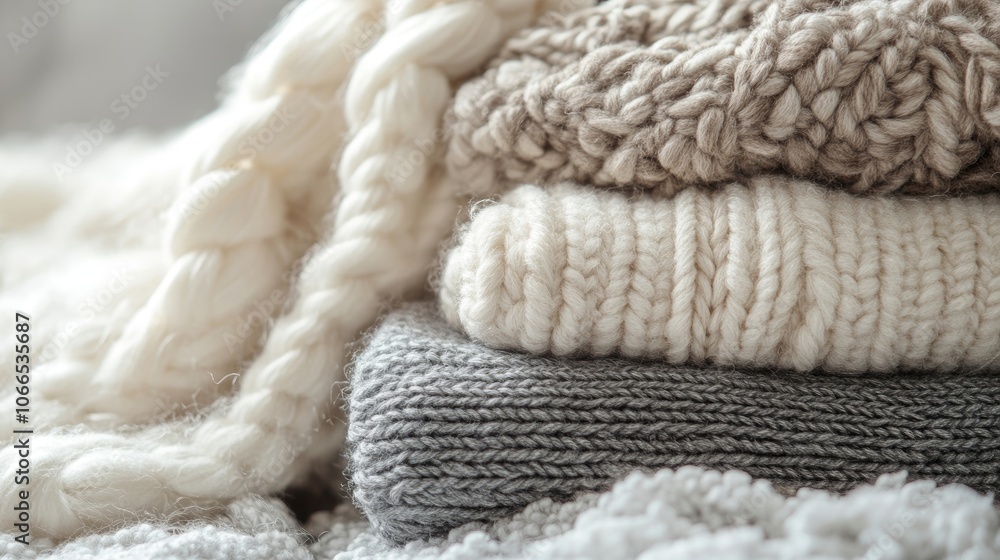 Close-up image capturing wooly items in soft, muted tones, emphasizing the texture and warmth of these wooly materials. Ideal for backgrounds, with ample copy space included. Close-up image capturing wooly items in soft, muted tones, emphasizing the texture and warmth of these wooly materials. Ideal for backgrounds, with ample copy space included.