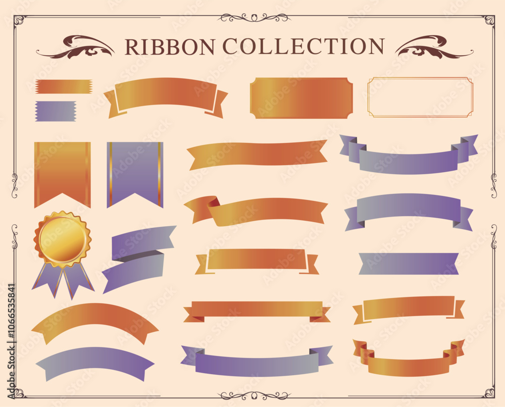 Ribbon decoration design set and antique borders and frames designけ Ribbon decoration design set and antique borders and frames designけ