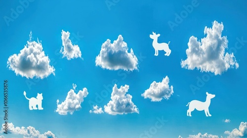 A whimsical scene of fluffy white clouds shaped like various animals, floating lazily in a bright blue sky, evoking a sense of childhood wonder and imagination.