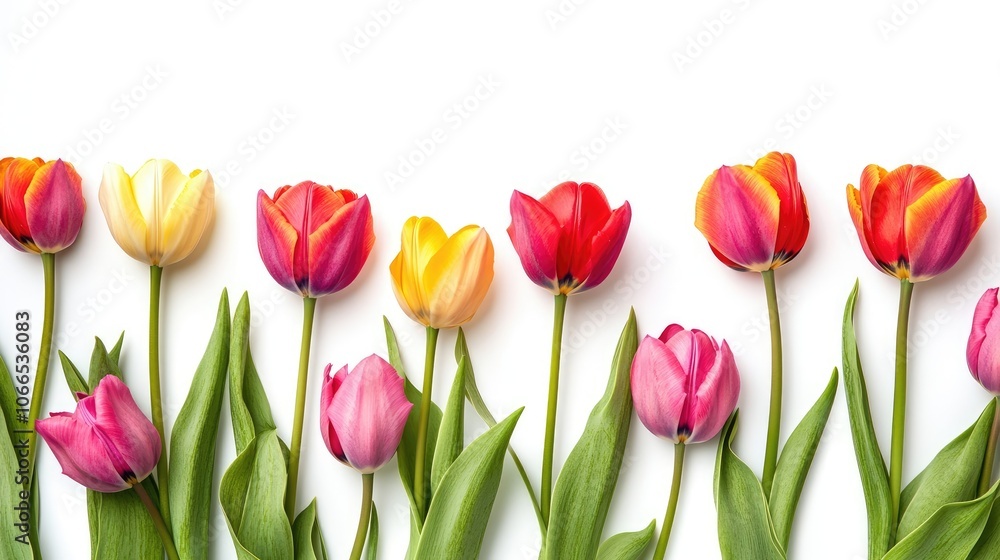 Spring tulips create a vibrant floral frame in soft pastel colors against a crisp white background. This image of spring tulips offers beautiful color and seasonal charm with ample copy space. Spring tulips create a vibrant floral frame in soft pastel colors against a crisp white background. This image of spring tulips offers beautiful color and seasonal charm with ample copy space.