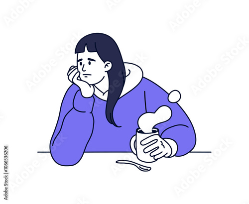 Sad woman in apathy. Depressed girl with cup of coffee despairs. Unhappy bored person in crisis, burnout. Pensive character with negative emotions, bad mood. Flat isolated outline vector illustration