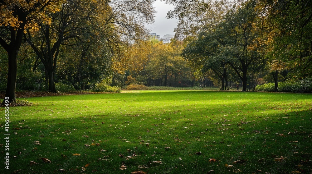 Gloomy park filled with dark autumn greenery creates a moody atmosphere, perfect for capturing the essence of a green space during the fall season, with ample copy space.