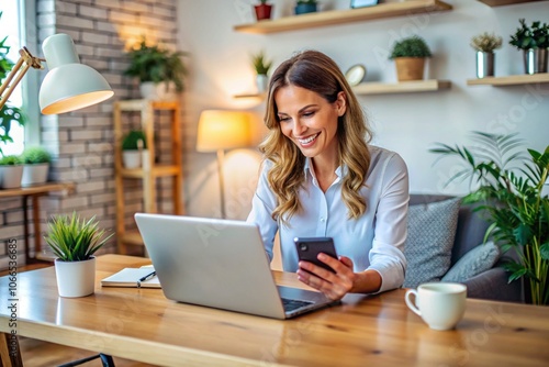 A woman is sitting at a desk with a laptop and a cell phone