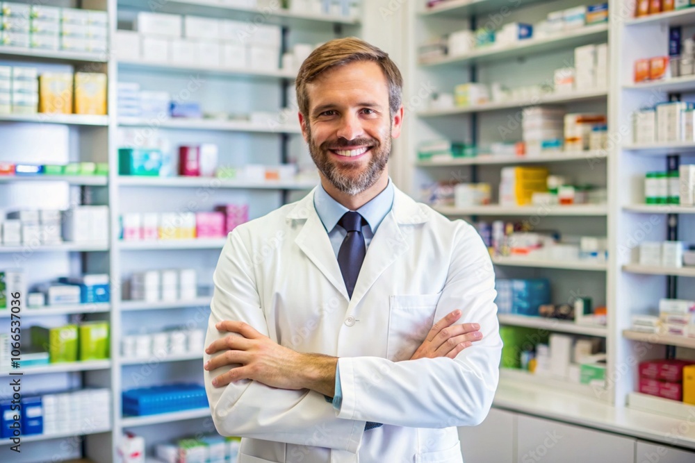 A smiling man in a white lab coat stands in front of a pharmacy with a smile on A smiling man in a white lab coat stands in front of a pharmacy with a smile on