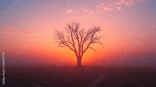 Barren tree stands majestically at sunrise across a vast landscape, creating a striking silhouette against the morning sky, ideal for capturing tranquil moments in nature. Copy space available.