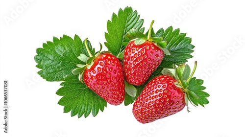 Fresh, ripe strawberries with vibrant green leaves are placed on a white background, highlighting their colors and textures. The image captures the essence of ripe strawberries beautifully.