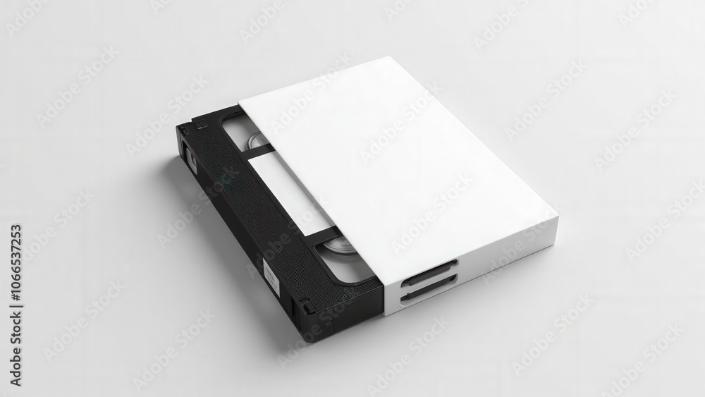 VHS mockup featuring a blank white sleeve partially covering the cassette, ideal for custom designs on a light background. VHS mockup featuring a blank white sleeve partially covering the cassette, ideal for custom designs on a light background.