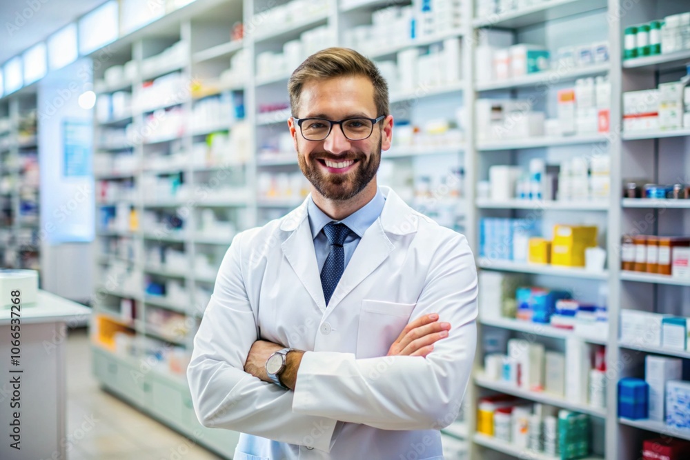 A smiling man in a white lab coat stands in front of a pharmacy with a smile on A smiling man in a white lab coat stands in front of a pharmacy with a smile on