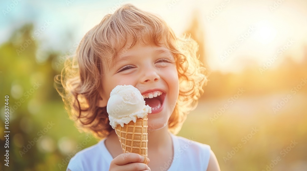 A Young Child Enjoying a Creamy Ice Cream Cone on a Sunny Day A Young Child Enjoying a Creamy Ice Cream Cone on a Sunny Day