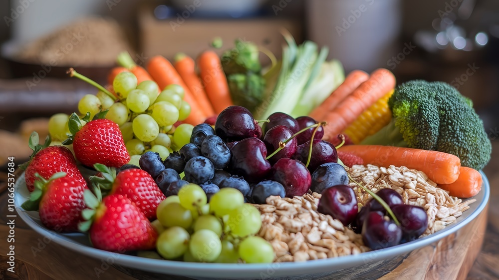 Healthy food: Image of a beautiful plate with a variety of vegetables, fruits and cereals in a food photography style Healthy food: Image of a beautiful plate with a variety of vegetables, fruits and cereals in a food photography style